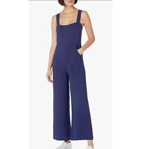 Rachel Pally Dark Blue Linen Alda Square Neck Wide Leg Flare Jumpsuit Size M